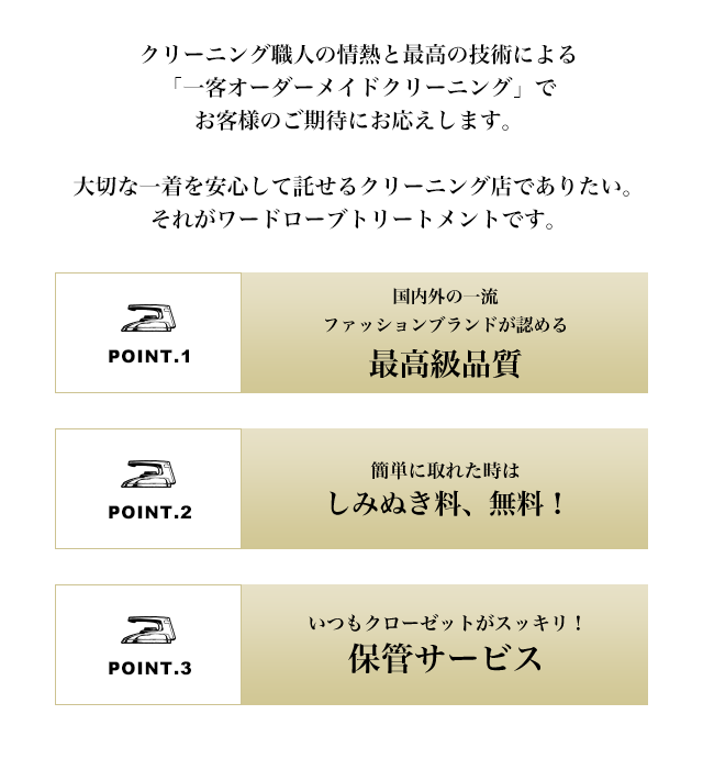 クリーニング職人の情熱と最高の技術による「一客オーダーメイドクリーニング」でお客様のご期待にお応えします。大切な一着を安心して託せるクリーニング店でありたい。それがワードローブ トリートメントです。